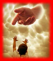 Image of a boy reaching up to the Creators mighty hand in the clouds